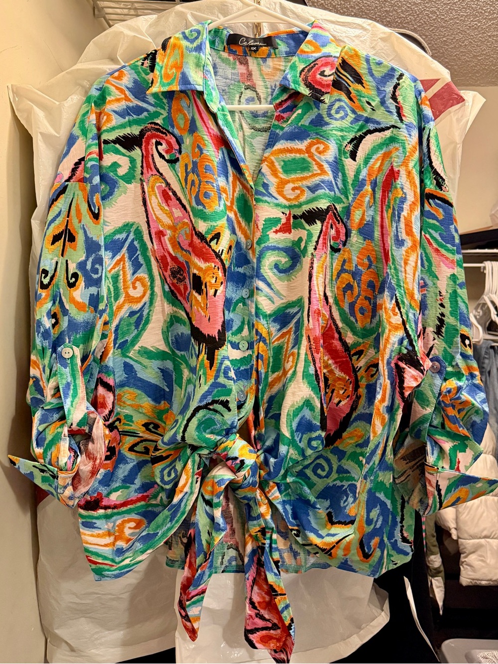 Colorful Abstract Tie-Front Button-Down Shirt - Multicolor